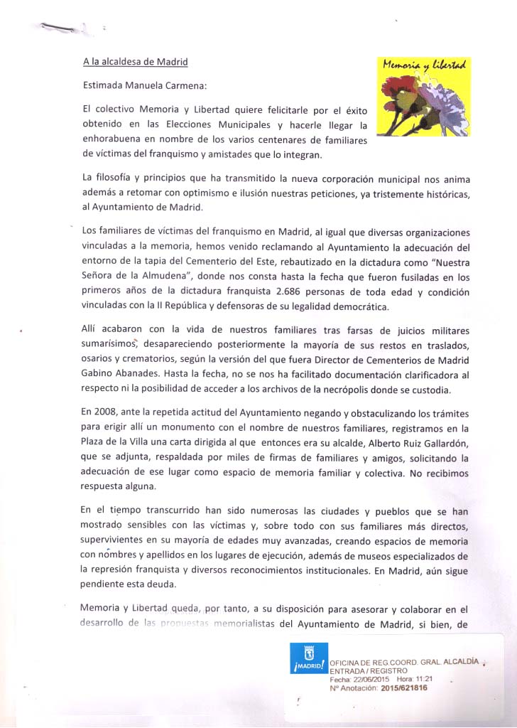 Carta a Manuela Carmena, Alcaldesa de Madrid. Anverso